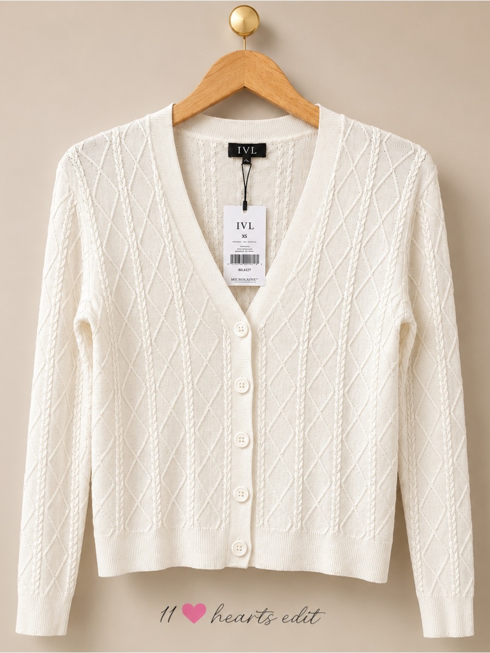 IVL Collective Diamond Stitch Cardigan, White, XS NWT